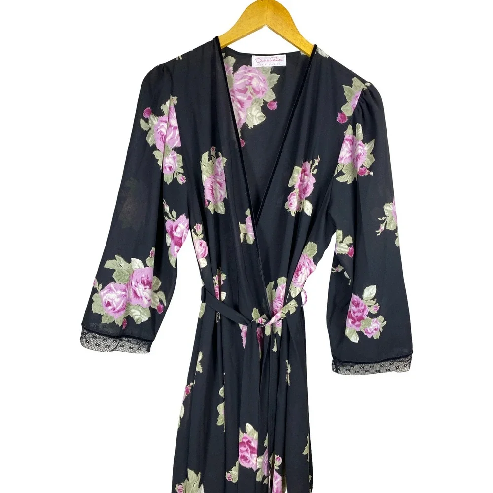 Vintage Oscar de la Renta Pink Label Floral Wrap Robe Rose Chiffon Lace Maxi M